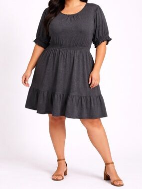 LOFT Charcoal Knit Tiered Dress XXL Short Sleeve Knee Length Work Casual